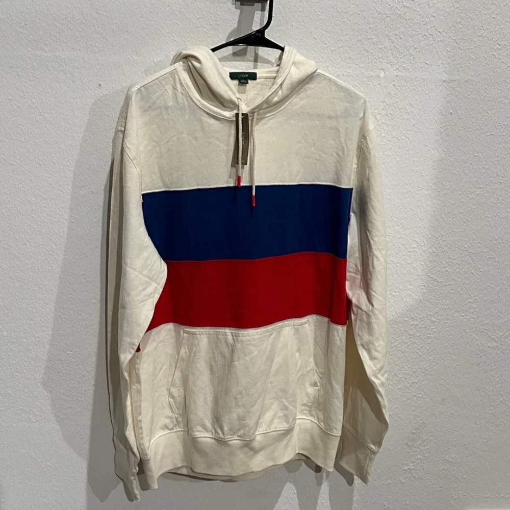 J Crew Pullover Hoodie Mens Large Red Cream Blue Color Block Striped Sweatshirt